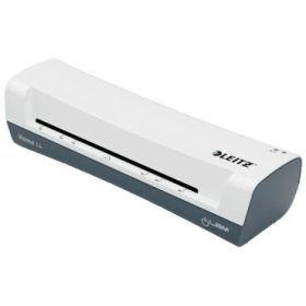 Leitz iLAM Home A4 Plastificadora - Hasta Tamaño A4 - Velocidad 300mm/min - Calentamiento en 3 Minutos - Grueso Bolsa 75 y 125mic - Incluye Paquete de 5 Bolsas de Plastificacion  A4 - Color Blanco/Gris
