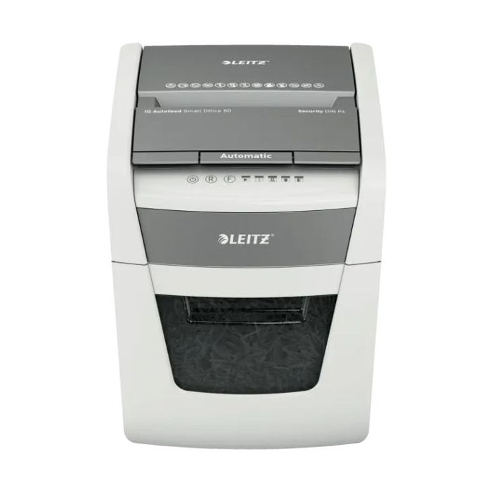 Leitz IQ Autofeed 50X P4 Destructora Automatica de Papel Corte en Particulas P-4 - Autoalimentacion 50 Hojas, Manual 6 Hojas - Papelera de 20L - Color Blanco/Gris