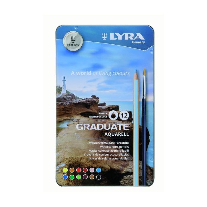 Lyra Graduate Pack de 12 Lapices de Colores Acuarelables con 1 Pincel Incluido - Hexagonal - Estuche de Metal - Colores Surtidos
