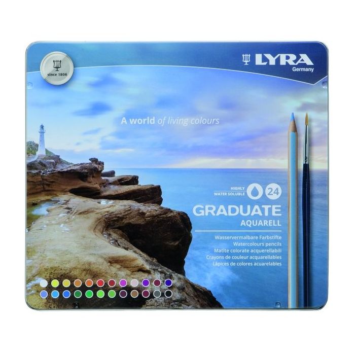 Lyra Graduate Pack de 24 Lapices de Colores Acuarelables con 1 Pincel Incluido - Hexagonal - Estuche de Metal - Colores Surtidos