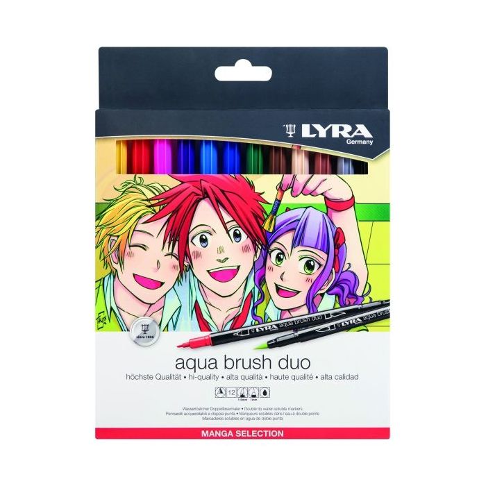 Lyra Aqua Brush Duo Manga Pack de 12 Rotuladores de Pincel - Redondo - Doble Punta - Pincel y Punta Fina - Colores Surtidos