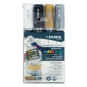 Lyra Mark All Pack de 4 Rotuladores Permanentes - Multisuperficie - Punta Redonda - 2mm - Colores Blanco, Oro y Plata