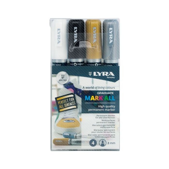 Lyra Mark All Pack de 4 Rotuladores Permanentes - Multisuperficie - Punta Redonda - 2mm - Colores Blanco, Oro y Plata