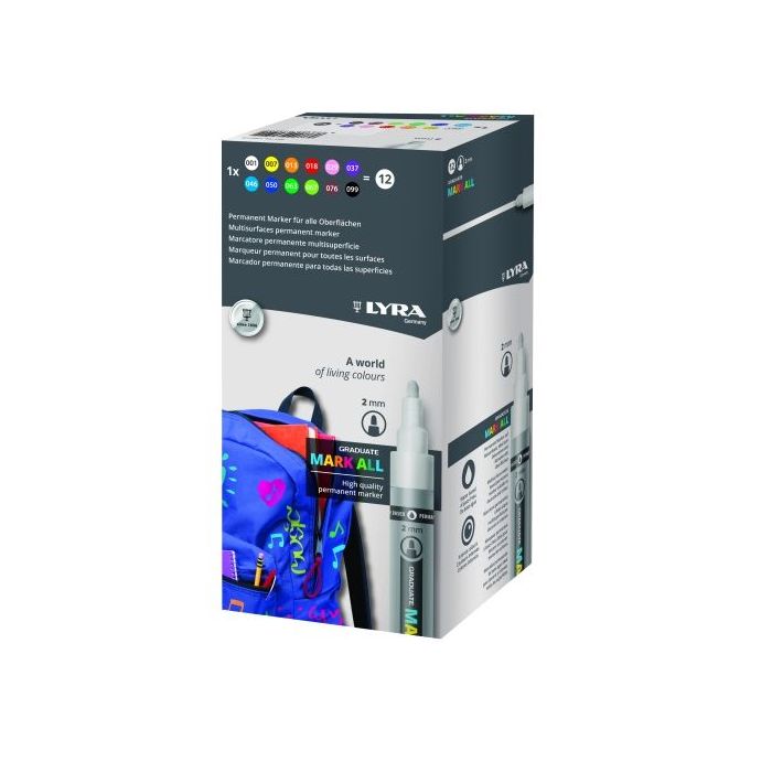 Lyra Mark All Pack de 12 Rotuladores Permanentes - Multisuperficie - Punta Redonda - 2mm - Colores Surtidos