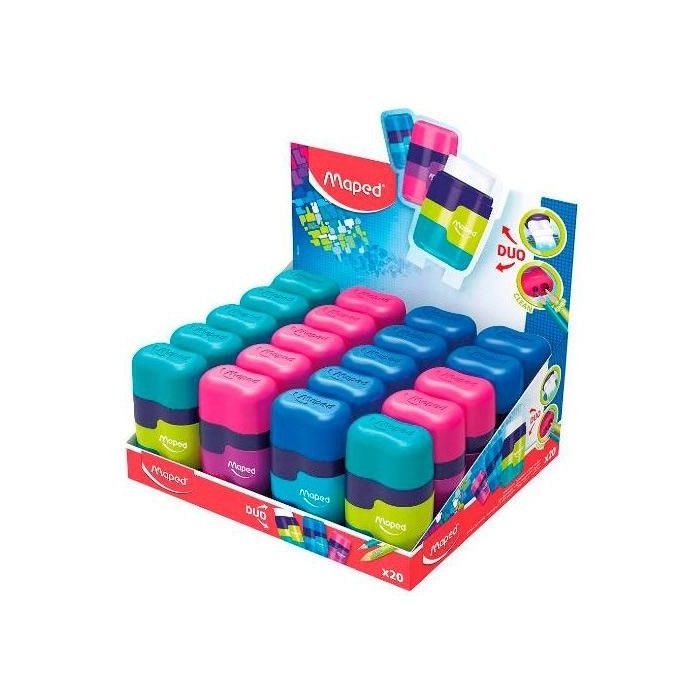 Maped Connect Duo Afilaborra de 2 Orificio con Goma de Borrar - Deposito de Gran Capacidad - Forma Ergonomica - Colores Surtidos