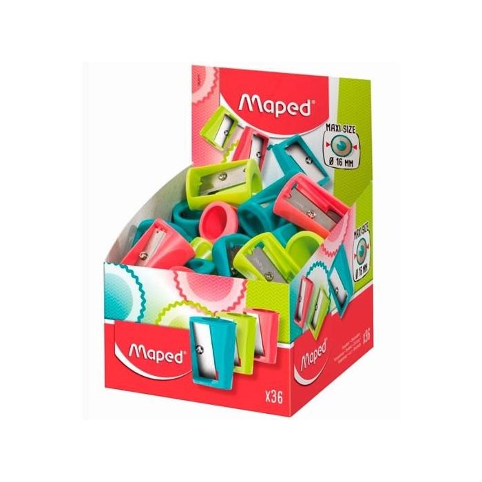 Maped Vivo Maxi Sacapuntas de Plastico con 1 Orificio de 16mm - Cuchilla de Acero Afilada y Resistente - Colores Surtidos