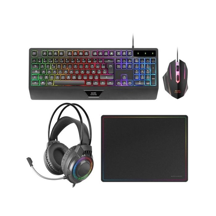 Mars Gaming MCP124PRO Combo Pack Gaming 4en1 - Teclado Hibrido H-Mech - Disposicion QWERTY ES - Raton 3200dpi - Alfombrilla Nanotextil - Color Negro