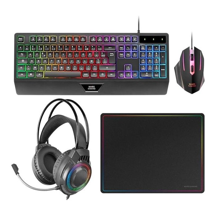 Mars Gaming MCP124PRO Combo Pack Gaming 4en1 - Teclado Hibrido H-Mech - Disposicion Francesa AZERTY FR - Raton 3200dpi - Alfombrilla Nanotextil - Color Negro