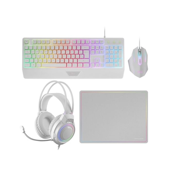 Mars Gaming MCP124PRO Combo Pack Gaming 4en1 - Teclado Hibrido H-Mech - Disposicion Portuguesa QWERTY PT - Raton 3200dpi - Alfombrilla Nanotextil - Color Blanco