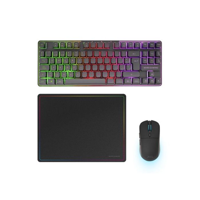Mars Gaming MCPWTKL Combo Pack Gaming 3en1 - Teclado Hibrido H-Mech Formato TKL - Disposicion QWERTY ES - Raton 3200dpi - Switches HUANO - Color Negro