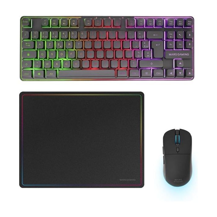 Mars Gaming MCPWTKL Combo Pack Gaming 3en1 - Teclado Hibrido H-Mech Formato TKL - Disposicion Francesa AZERTY FR - Raton 3200dpi - Switches HUANO - Color Negro