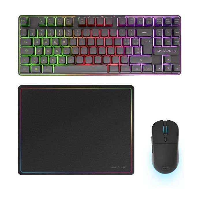 Mars Gaming MCPWTKL Combo Pack Gaming 3en1 - Teclado Hibrido H-Mech Formato TKL - Disposicion Italiana QWERTY IT - Raton 3200dpi - Switches HUANO - Color Negro