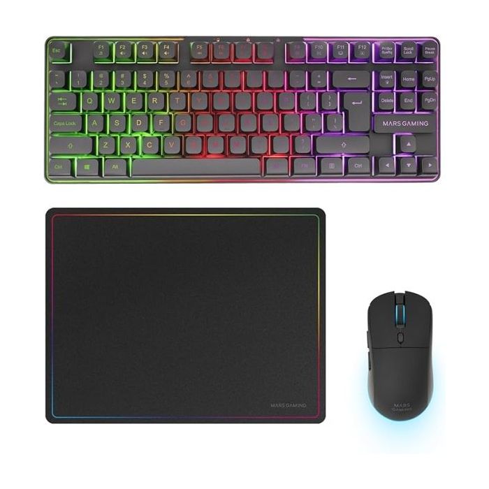 Mars Gaming MCPWTKL Combo Pack Gaming 3en1 - Teclado Hibrido H-Mech Formato TKL - Disposicion Internacional QWERTY US - Raton 3200dpi - Switches HUANO - Color Negro