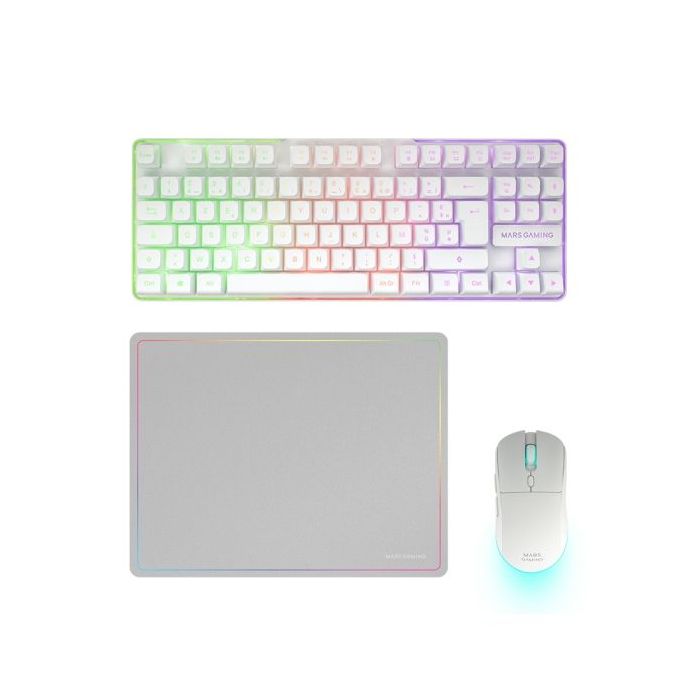 Mars Gaming MCPWTKL Combo Pack Gaming 3en1 - Teclado Hibrido H-Mech Formato TKL - Disposicion QWERTY ES - Raton 3200dpi - Switches HUANO - Color Blanco