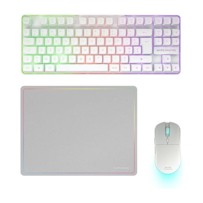 Mars Gaming MCPWTKL Combo Pack Gaming 3en1 - Teclado Hibrido H-Mech Formato TKL - Disposicion Francesa AZERTY FR - Raton 3200dpi - Switches HUANO - Color Blanco