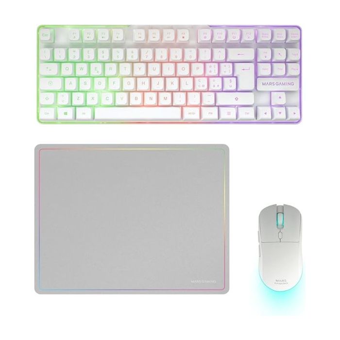 Mars Gaming MCPWTKL Combo Pack Gaming 3en1 - Teclado Hibrido H-Mech Formato TKL - Disposicion Portuguesa QWERTY PT - Raton 3200dpi - Switches HUANO - Color Blanco