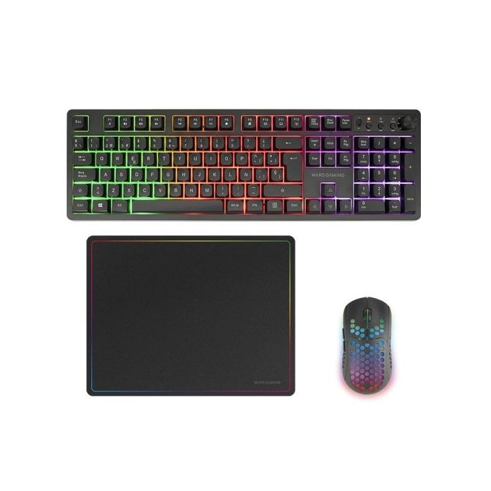 Mars Gaming MCPWX Combo Pack Gaming 3en1 - Teclado Hibrido H-Mech - Disposicion QWERTY ES - Raton 3200dpi - Switches HUANO - Color Negro