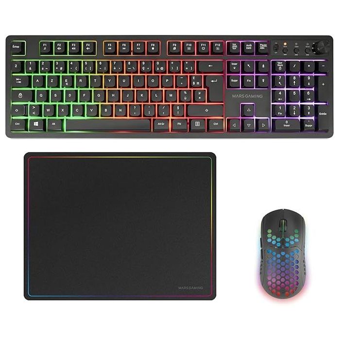 Mars Gaming MCPWX Combo Pack Gaming 3en1 - Teclado Hibrido H-Mech - Disposicion Francesa AZERTY FR - Raton 3200dpi - Switches HUANO - Color Negro
