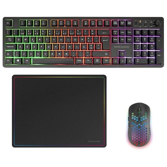 Mars Gaming MCPWX Combo Pack Gaming 3en1 - Teclado Hibrido H-Mech - Disposicion Portuguesa QWERTY PT - Raton 3200dpi - Switches HUANO - Color Negro