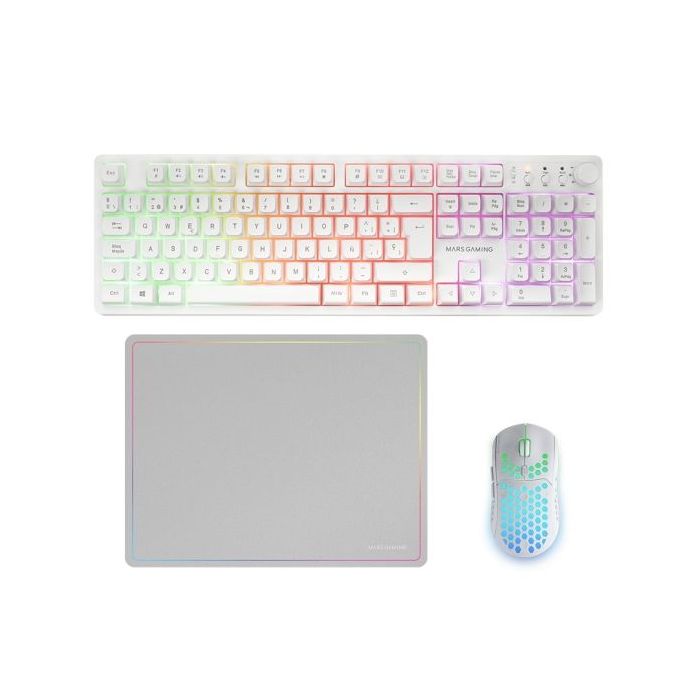 Mars Gaming MCPWX Combo Pack Gaming 3en1 - Teclado Hibrido H-Mech - Disposicion QWERTY ES - Raton 3200dpi - Switches HUANO - Color Blanco
