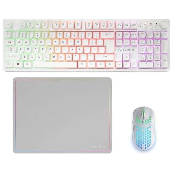 Mars Gaming MCPWX Combo Pack Gaming 3en1 - Teclado Hibrido H-Mech - Disposicion Internacional QWERTY US - Raton 3200dpi - Switches HUANO - Color Blanco