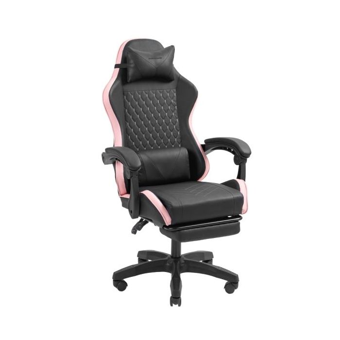 Mars Gaming MGC-X Silla Gaming Ergonomica - Reposapies Extensible - Cojines Lumbar y Cervical - 660x540x1250mm - Acabado en Cuero PU - Color Negro y Rosa