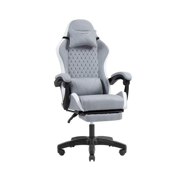 Mars Gaming MGC-X FABRIC Silla Gaming Ergonomica - Reposapies Extensible - Cojines Lumbar y Cervical - 660x540x1250mm - Tejido Transpirable - Color Gris y Blanco