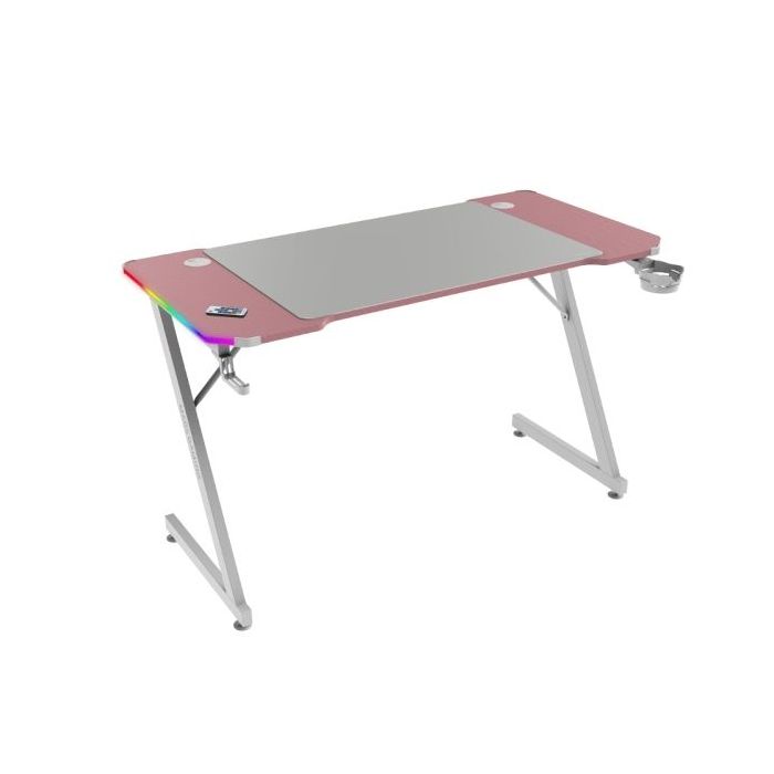 Mars Gaming MGD-X120RGB Mesa Gaming - Iluminacion ARGB con Mando - Soportes Auriculares y Bebidas - Alfombrilla XXL - Estructura Acero - 120x60x1.5cm - Acabado en Fibra de Carbono - Color Blanco y Rosa