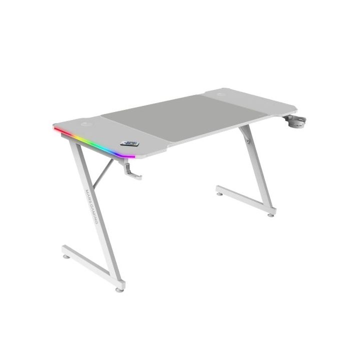 Mars Gaming MGD-X140RGB Mesa Gaming - Iluminacion ARGB con Mando - Soportes Auriculares y Bebidas - Alfombrilla XXL - Estructura Acero - 140x60x1.5cm - Acabado en Fibra de Carbono - Color Blanco
