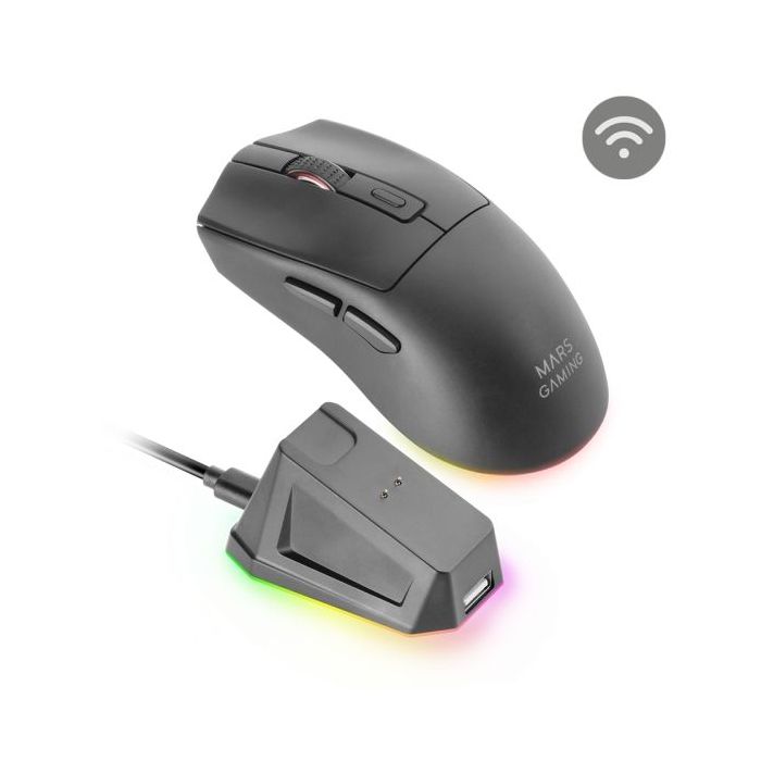 Mars Gaming MM-T3 Raton Inalambrico Ultraligero - 14400dpi - Bluetooth 5.0 - Rf 2.4Ghz - Switches HUANO - Base con Luces RGB - 7 Botones Configurables - 118x64x40mm - Color Negro