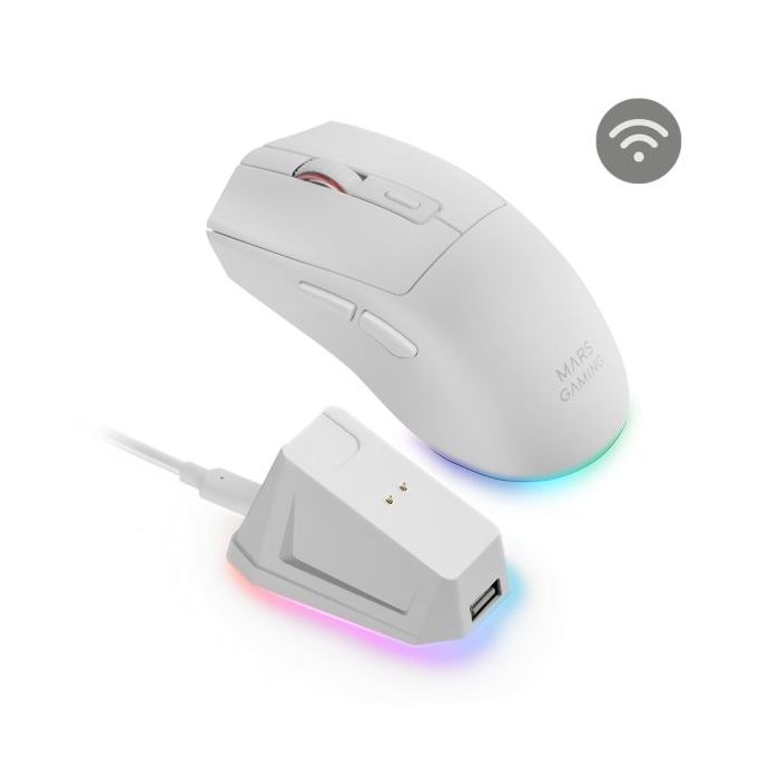 Mars Gaming MM-T3 Raton Inalambrico Ultraligero - 14400dpi - Bluetooth 5.0 - Rf 2.4Ghz - Switches HUANO - Base con Luces RGB - 7 Botones Configurables - 118x64x40mm - Color Blanco