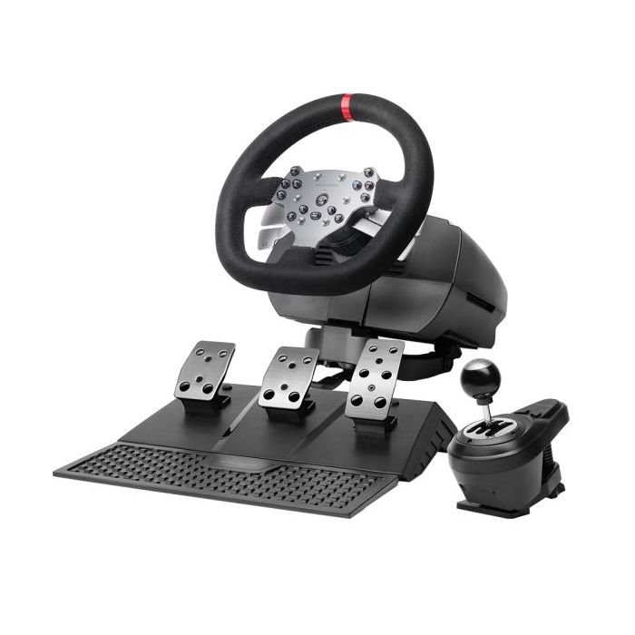 Mars Gaming MWH-RSX Juego de Volante y Pedalera de Carreras - Retroalimentacion de Fuerza 3.2Nm - 3 Pedales con Resistencia Progresiva - Palanca de Cambios Formato H - 14 Botones - 4 Paletas - 272x320x257mm - Color Negro